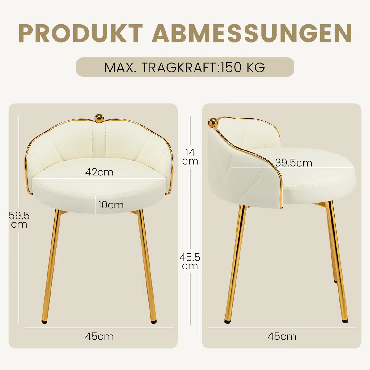 Hellove Lindo Taburete De Tocador Giratorio, Sin Brazos, con Patas De Metal Dorado, Taburete Giratorio, Reposapiés, Stool De Maquillaje, Stool De Cuero para Dormitorio, Salón, Comedor, Beige