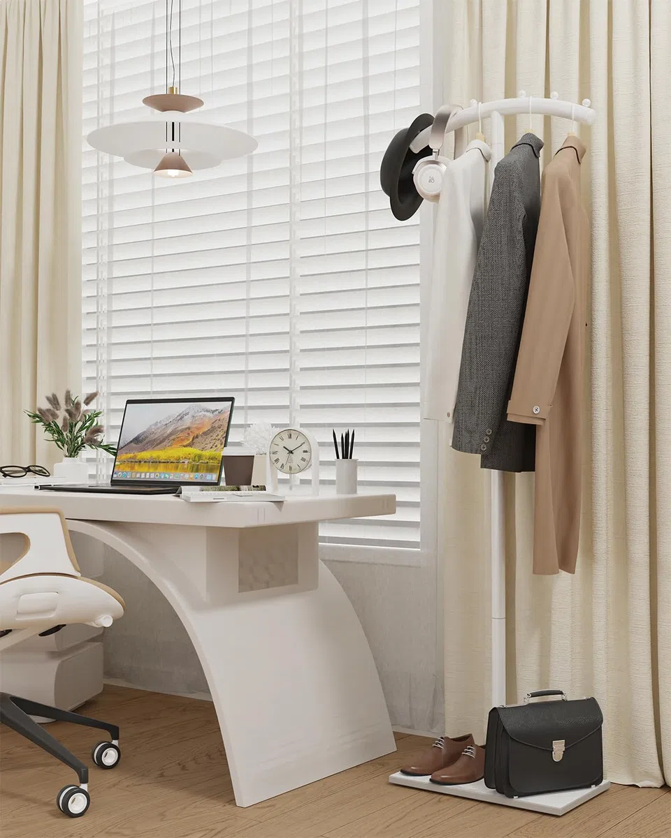 Perchero de metal de pie, Moderno Colgador de Ropa Curva en Forma de T, con Placa Inferior de Roca Gruesa, Percheros para Sala de Estar, Dormitorio, Entrada y Oficina, 175cm, Blanco