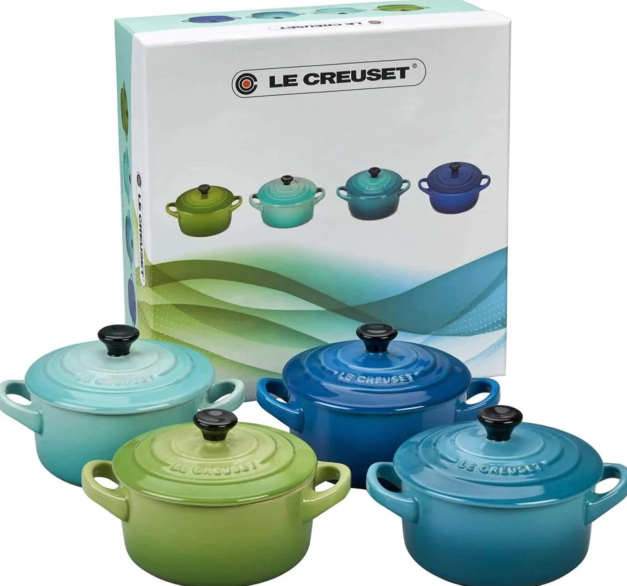 LE CREUSET Set de 4 mini cocottes de cerámica de gres, 250 ml, ⌀ 10 cm, Verde y azul, 79212105139100