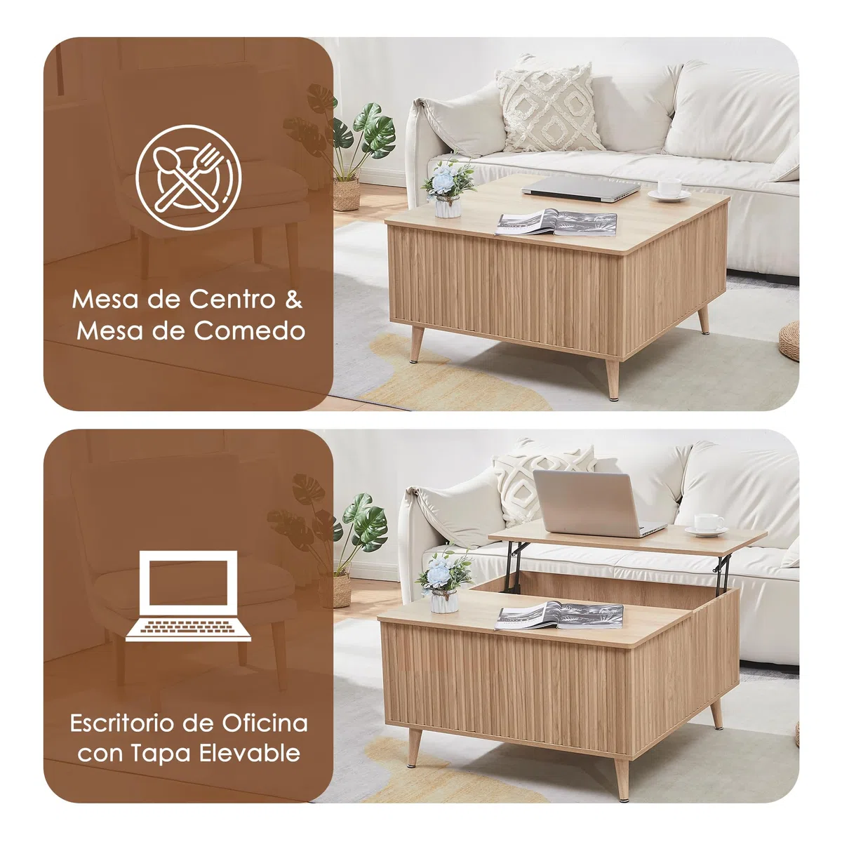 Mesa de centro cuadrada con estante extensible, mesa de centro de altura ajustable con espacio de almacenamiento y superficie acanalada para sala de estar, oficina en casa, estudio o escritorio.