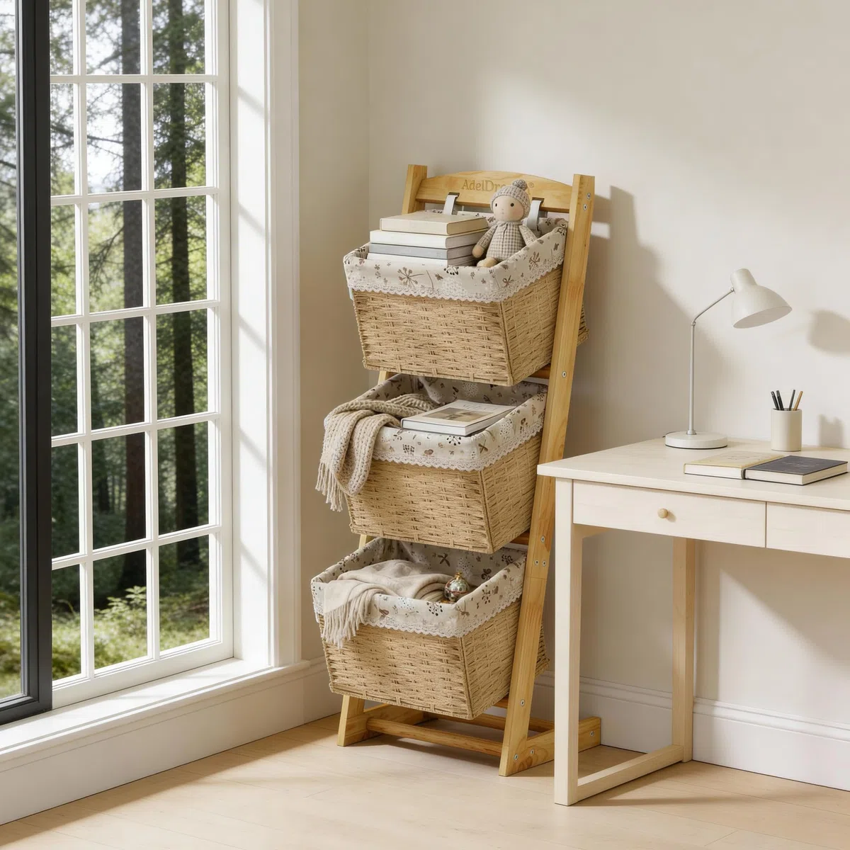 AdelDream Cesta de almacenamiento de madera maciza cesta de ratán estante de almacenamiento para el suelo sala de estar estante multifuncional estilo 2