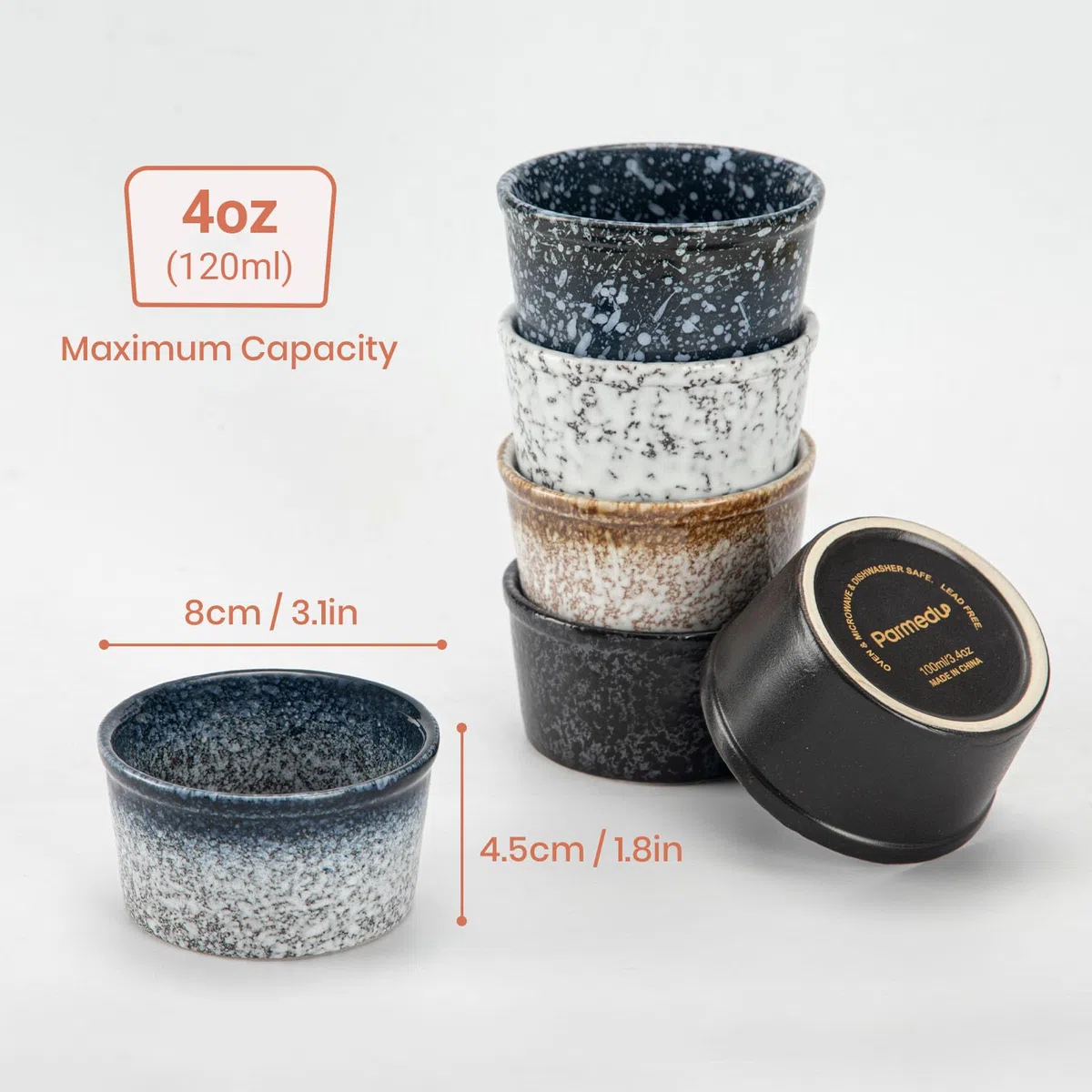 PARMEDU Juego de 6 Ramekin de Cerámica Mini Tazones de Porcelana Estilo Zen 100ml, Ramekins/Tazas Soufflé para Pudines, Brûlées, Soufflés, Helados, Salsas, Snacks, etc., Apto para Horno, Modelo BK002