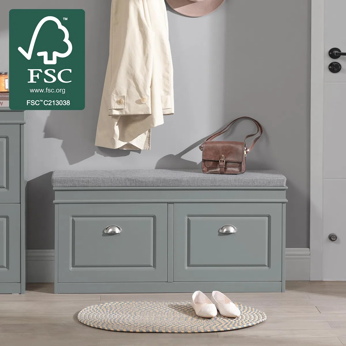 SoBuy Banco Zapatero con Asiento y Almacenaje - Puff Organizador con 2 Solapas, Estrecho para Zapatero Entrada Recibidor, Recibidores de Entrada y Dormitorio, 104x24x52cm Gris FSR64-HG ES