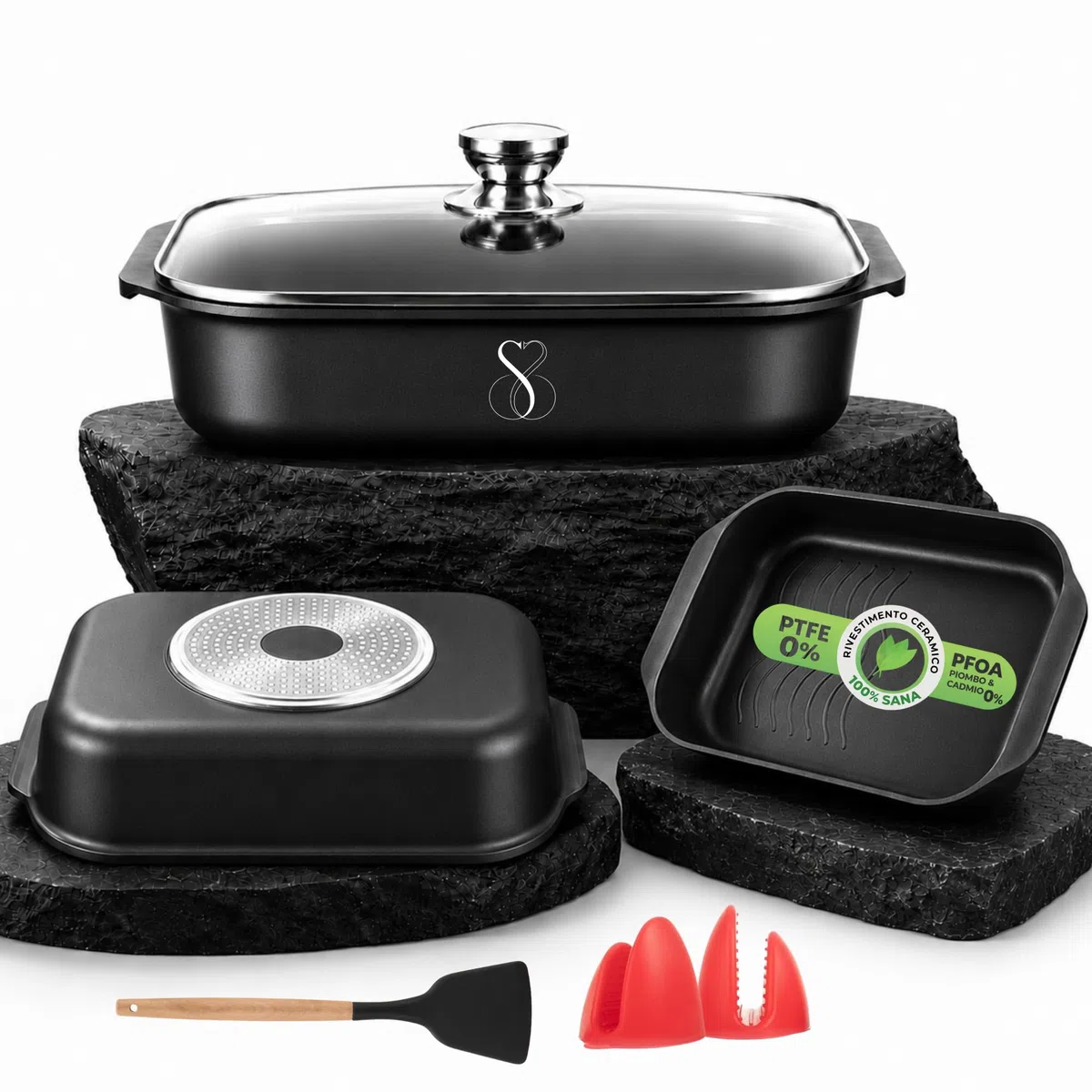 Stone&Stone Fuente para Horno Antiadherente 34x8 cm Rectangular Fuente Lasaña Bandeja Horno con Revestimiento Cerámico Alemán Greblon Apta para Inducción Gas y Horno Sin PFAS PFOA PTFE + Tapa Espátula