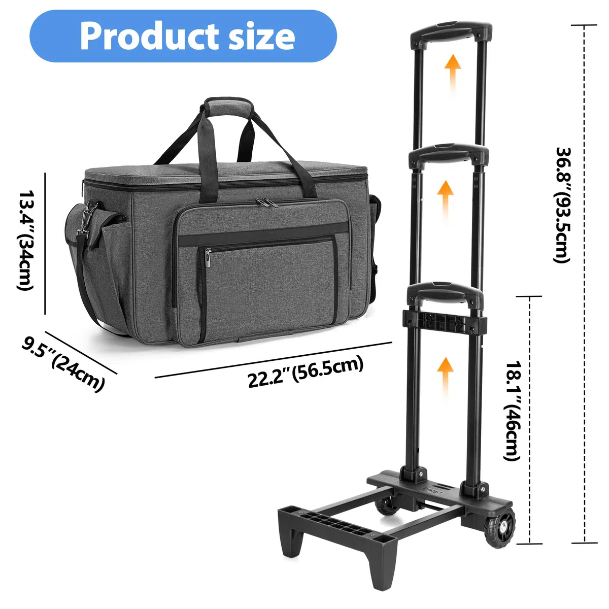 CURMIO Maleta de Transporte con Ruedas para Máquina de Bordar, Bolsa para Maquina de Coser con Tabla de Soporte Inferior y Bolsillos para Accesorios de Costura, Gris