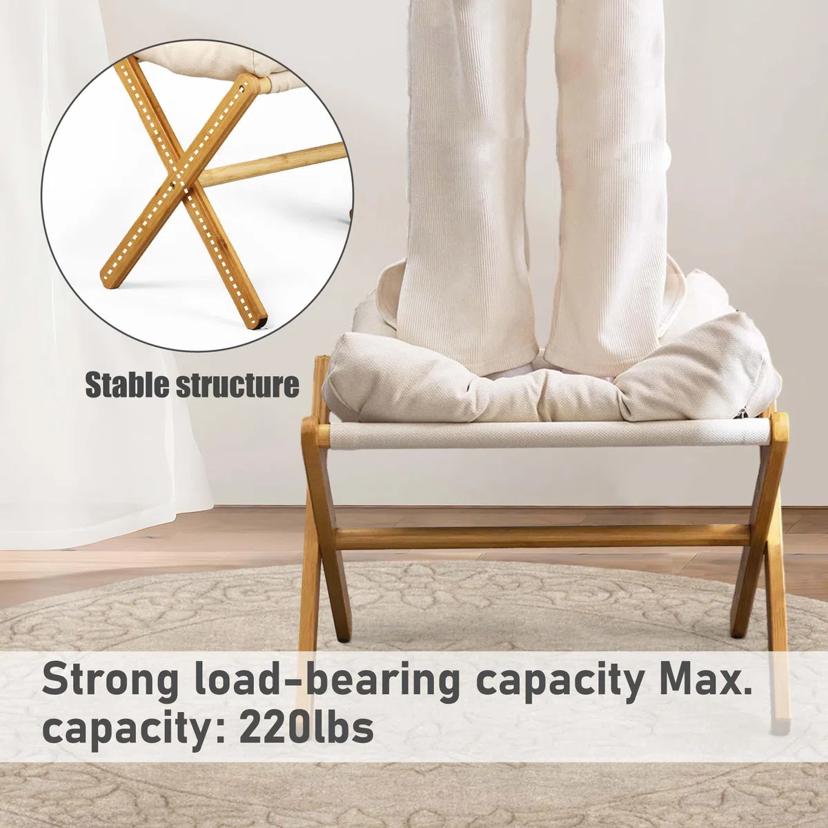 Nisorpa Reposapiés plegable para sofá, reposapiés de bambú, taburete de madera para cambiar zapatos, taburete plegable de madera con cojín de tela de terciopelo extraíble para sala de estar