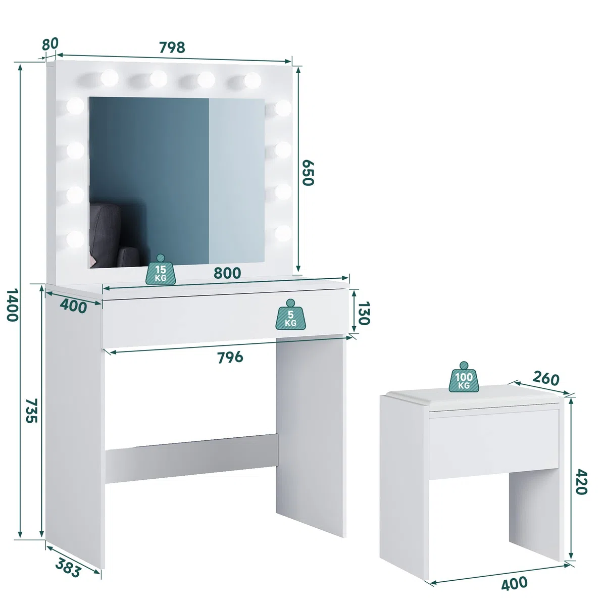 SONNI Tocador, 12 Luces LED con Brillo Ajustable, 1 Cajones Grandes y Taburete, Estilo Moderno, 80x40x140cm-Blanco