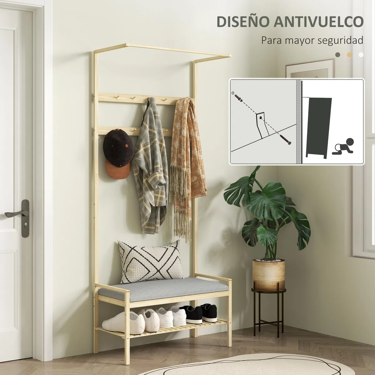 HOMCOM Perchero Zapatero Perchero Entrada Recibidor con 10 Ganchos Banco Zapatero Barra Superior y Compartimento para Pasillo Dormitorio 73,5x34x171 cm Natural
