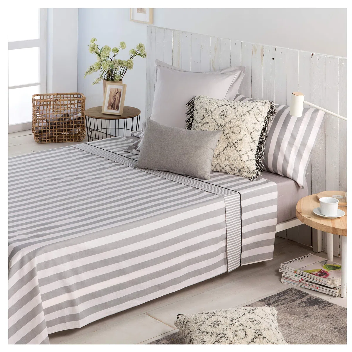 COTTON ARTean Juego de sábanas 135x190/200 Percal Algodón 180 hilos LINES GRIS 3 piezas: Encimera, 1 Funda de Almohada, Bajera Ajustable