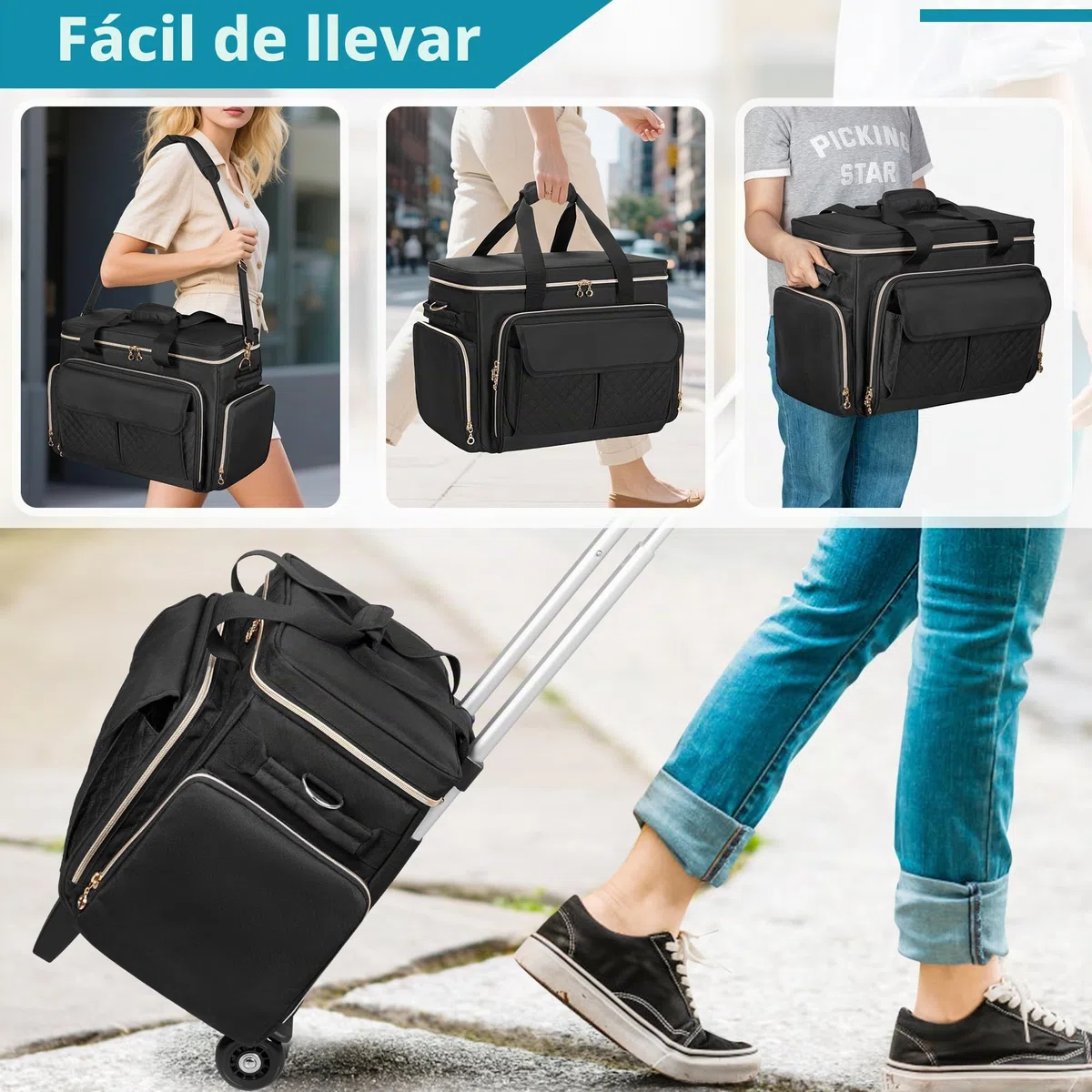 Luxja Bolsa para Máquinas de Coser con Múltiples Bolsillos, Estuche de Máquina de Coser con Ruedas y Correa de Hombro Desmontable (Compatible con Mayoría de Máquinas de Coser Estándar), Negro