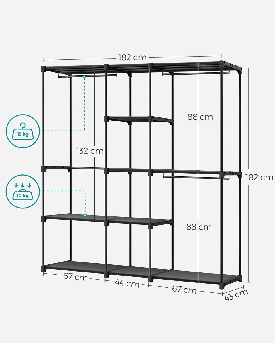 SONGMICS Armario, Perchero, Guardarropa, con Barras, Vestidor, Estantes de Tela, Marco de Metal, 182 x 43 x 182 cm, Negro Tinta RYG037B02