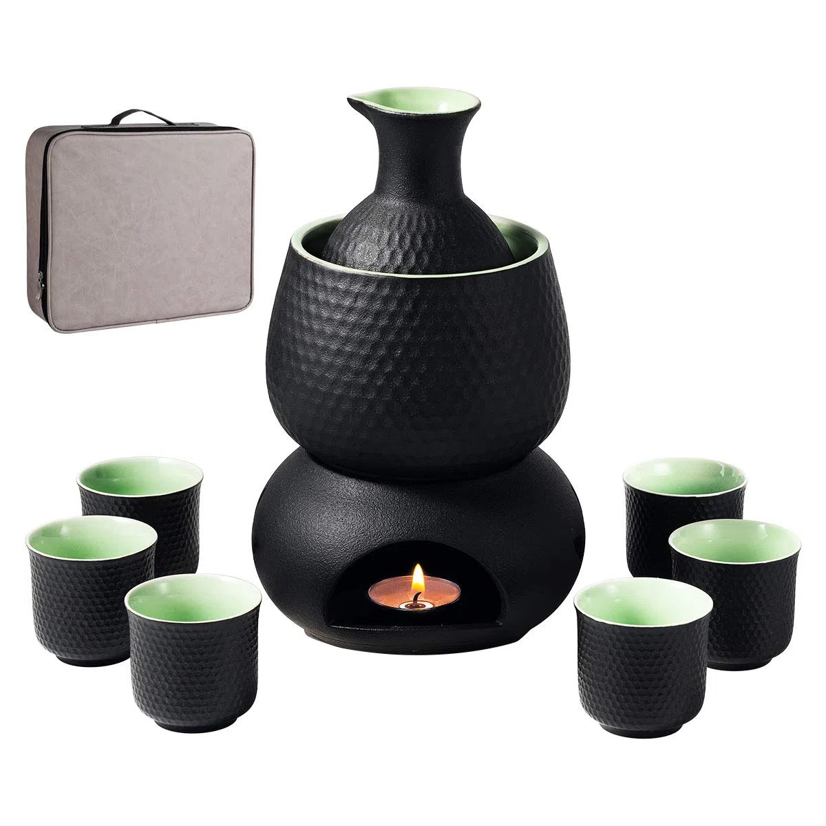 Juego de tazas de sake, caja de regalo de almacenamiento más cálido, bebida de saki caliente de porcelana, 9 piezas incluyen estufa, cuenco de calentamiento, botella de sake 6 tazas