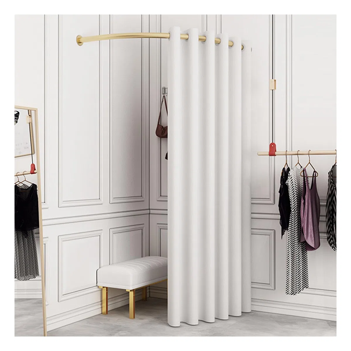 Vestidor para Tienda de Ropa de 100 cm - Utilizado en Centro Comercial y Oficina, Protección de Privacidad y Divisor de Habitaciones, Incluye Cortina de Sombreado y Barra Colgante
