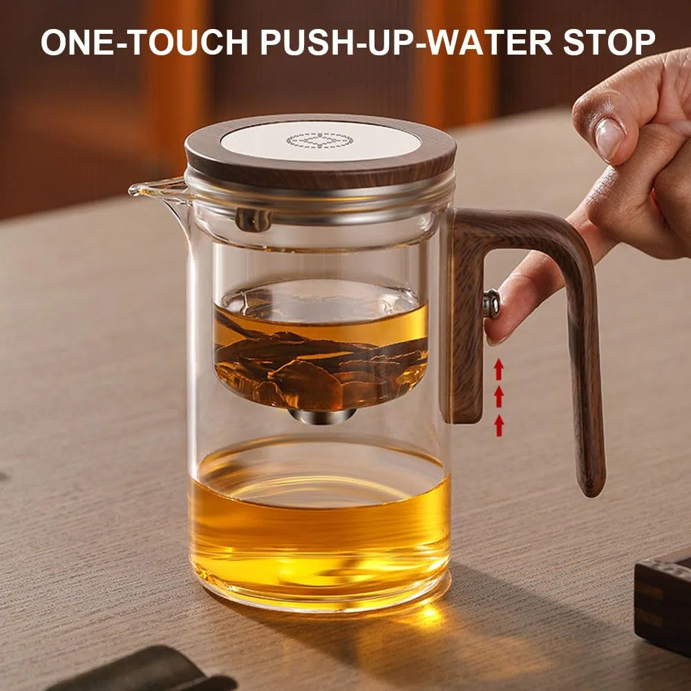 Enchantipot - Tetera de vidrio con separación de agua con mango de madera, tetera mágica con cepillo de esponja, taza de tetera de brujería, tetera mágica con control de presión para preparar