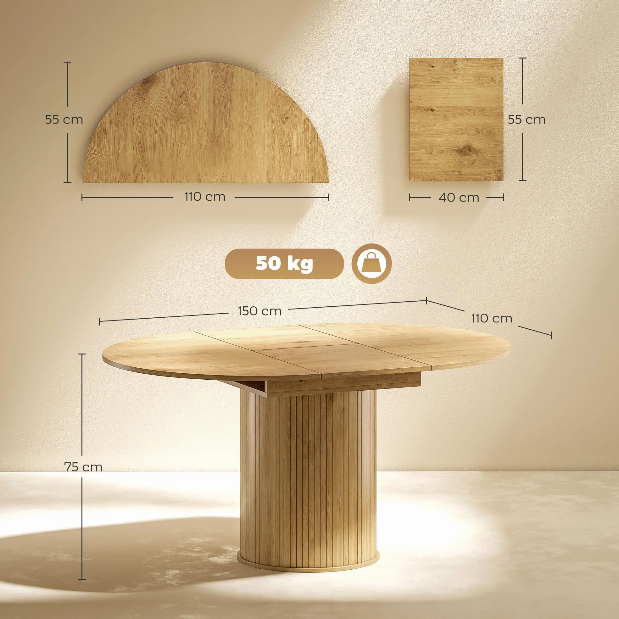 HOMCOM Mesa de Comedor Extensible Redonda, 110-150 cm, Mesa de Cocina Extensible, para 6-8 Personas, con Base Estriada Ancha, para Salón, 110-150x110x75 cm, Madera Natural