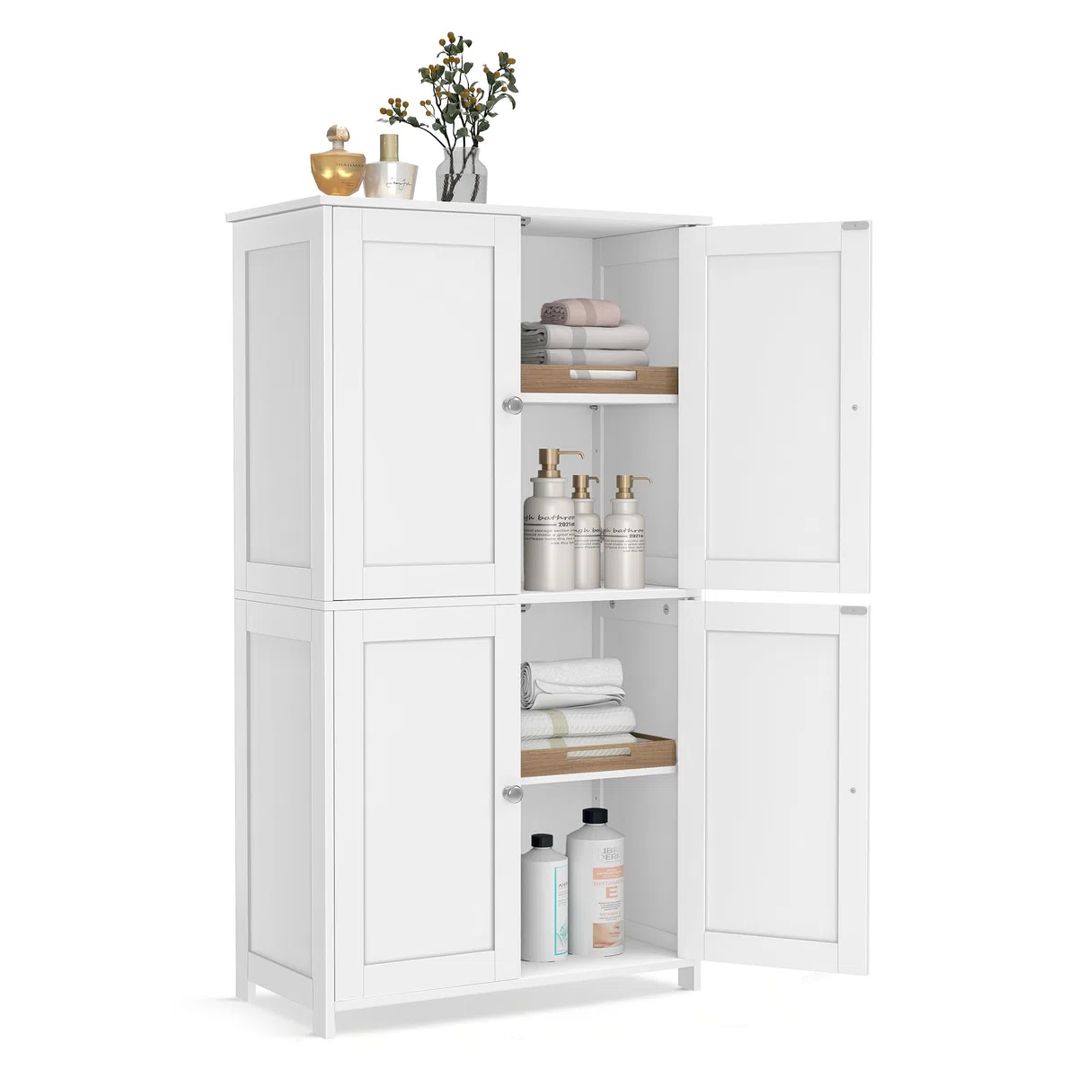 VASAGLE Mueble de Baño, Armario de Almacenaje, con 2 Estantes Regulables y 4 Puertas, Mueble Alto para Cocina, Blanco Nube BBC553WH01
