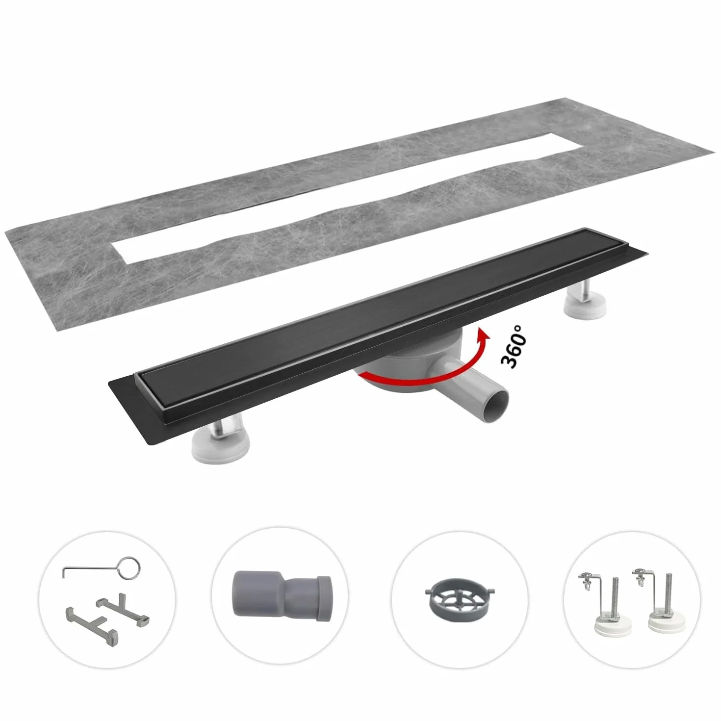 Canaleta Ducha 70cm, Negro 2 en 1 Sumidero Ducha con 360° Sifón Dispositivo Desodorante y Filtro de Pelo