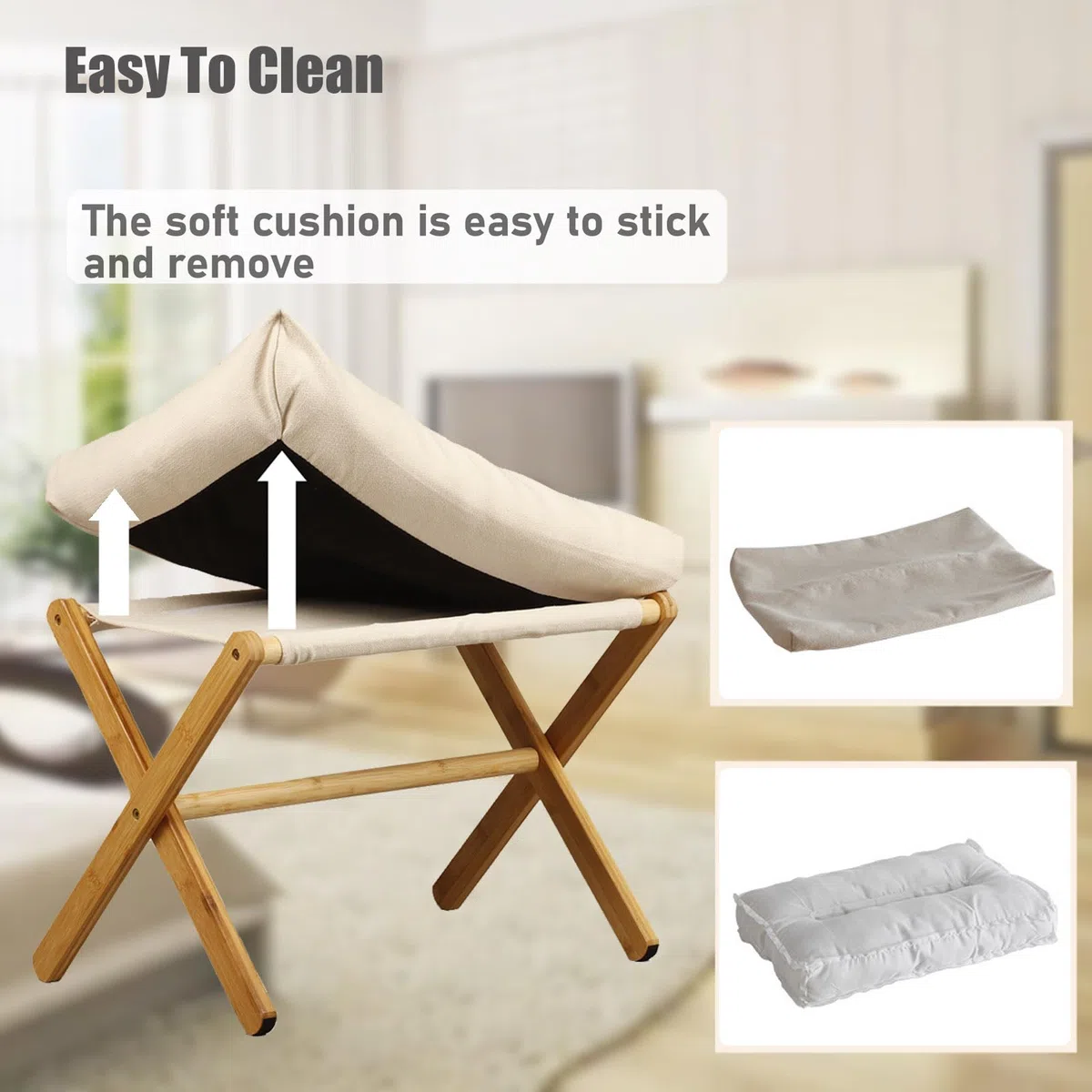 Nisorpa Reposapiés plegable para sofá, reposapiés de bambú, taburete de madera para cambiar zapatos, taburete plegable de madera con cojín de tela de terciopelo extraíble para sala de estar