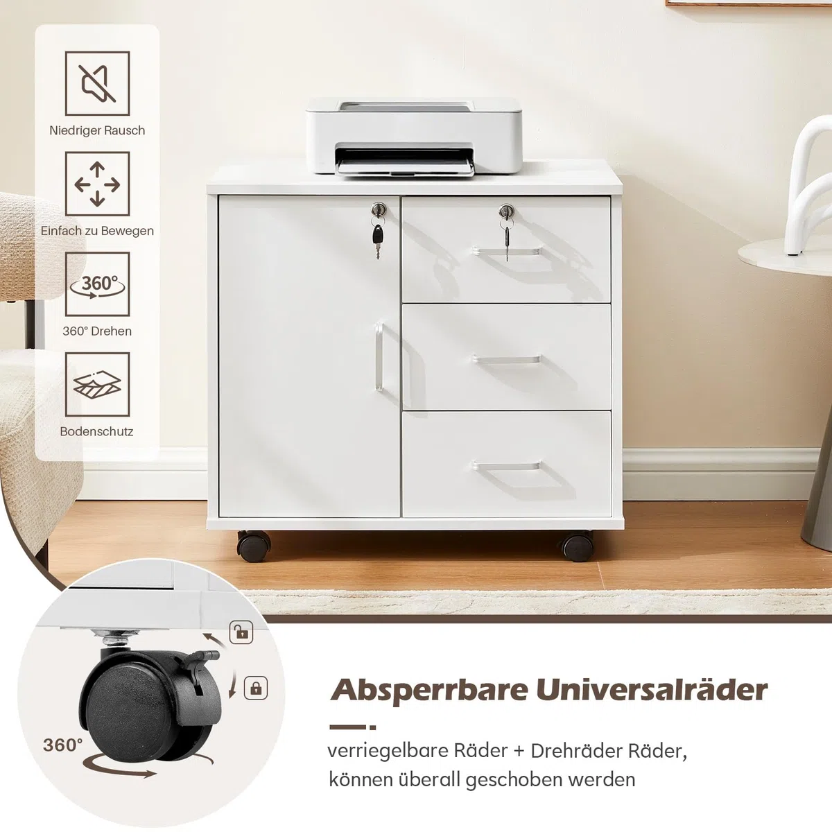 TUKAILAi Archivador Móviles con 4 Cajones y Cerradura, Armario de Oficina con Ruedas, Armario Multiusos con Gran Almacenaje para A4 Documentos en Formato Carta 40 x 60 x 57 cm (Blanco)