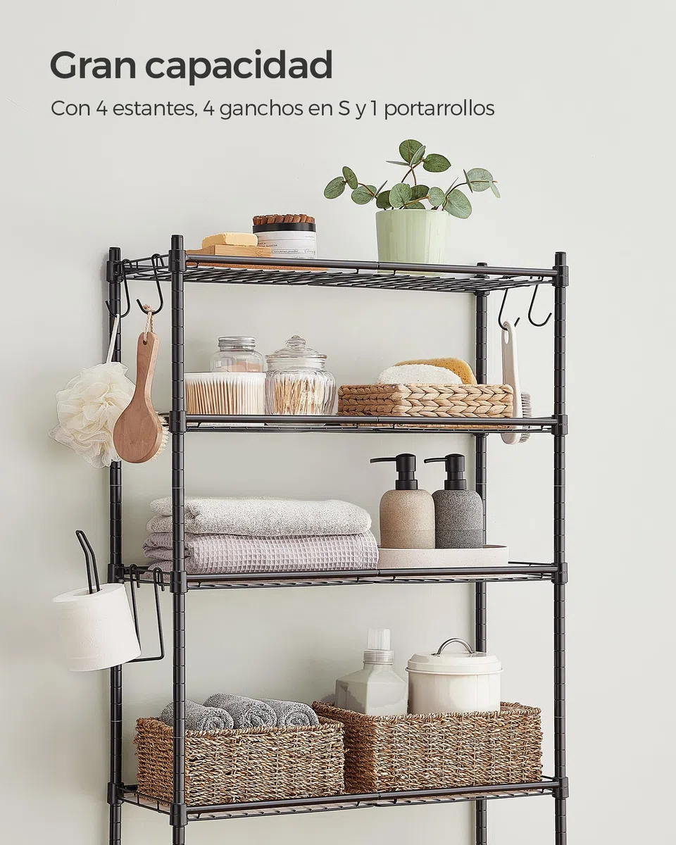 SONGMICS Estantería de Inodoro de 4 Estantes, Estante de Metal para el Baño, Estantes Ajustables, con 4 Ganchos y Portarrollos, Ahorra Espacio, 30 x 63 x 176 cm, Negro BTS013B01