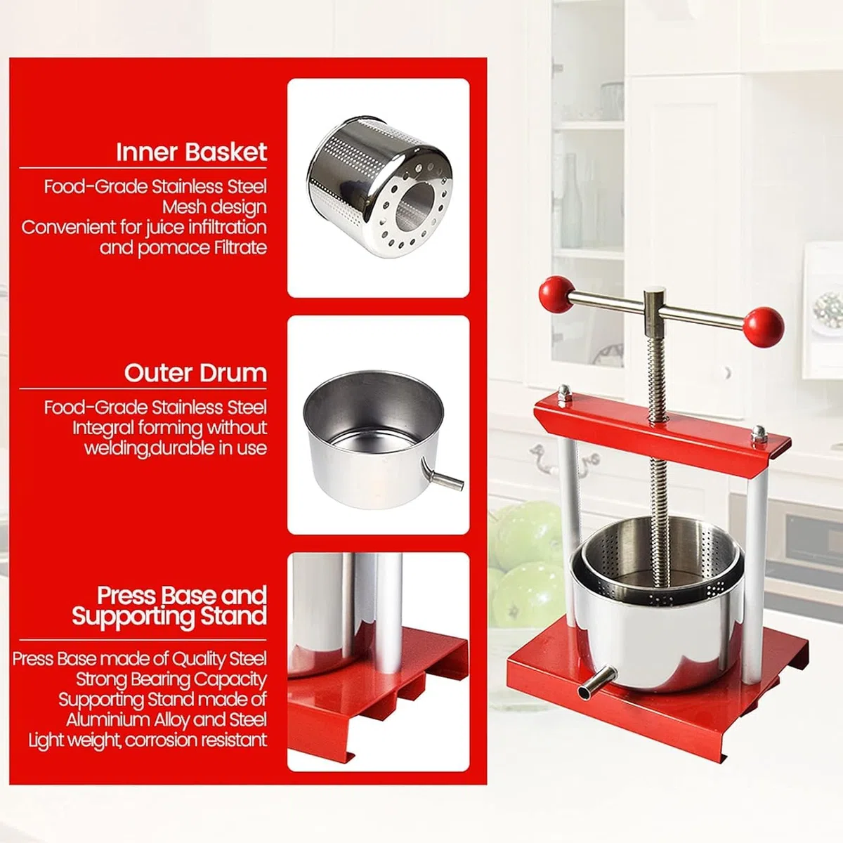 SQUEEZE master Prensa de frutas 0,8 galones/3 litros, tintura de queso hierbas fruta vino prensa manual, acero inoxidable y hierro para jugo, sidra, vino, aceite de oliva