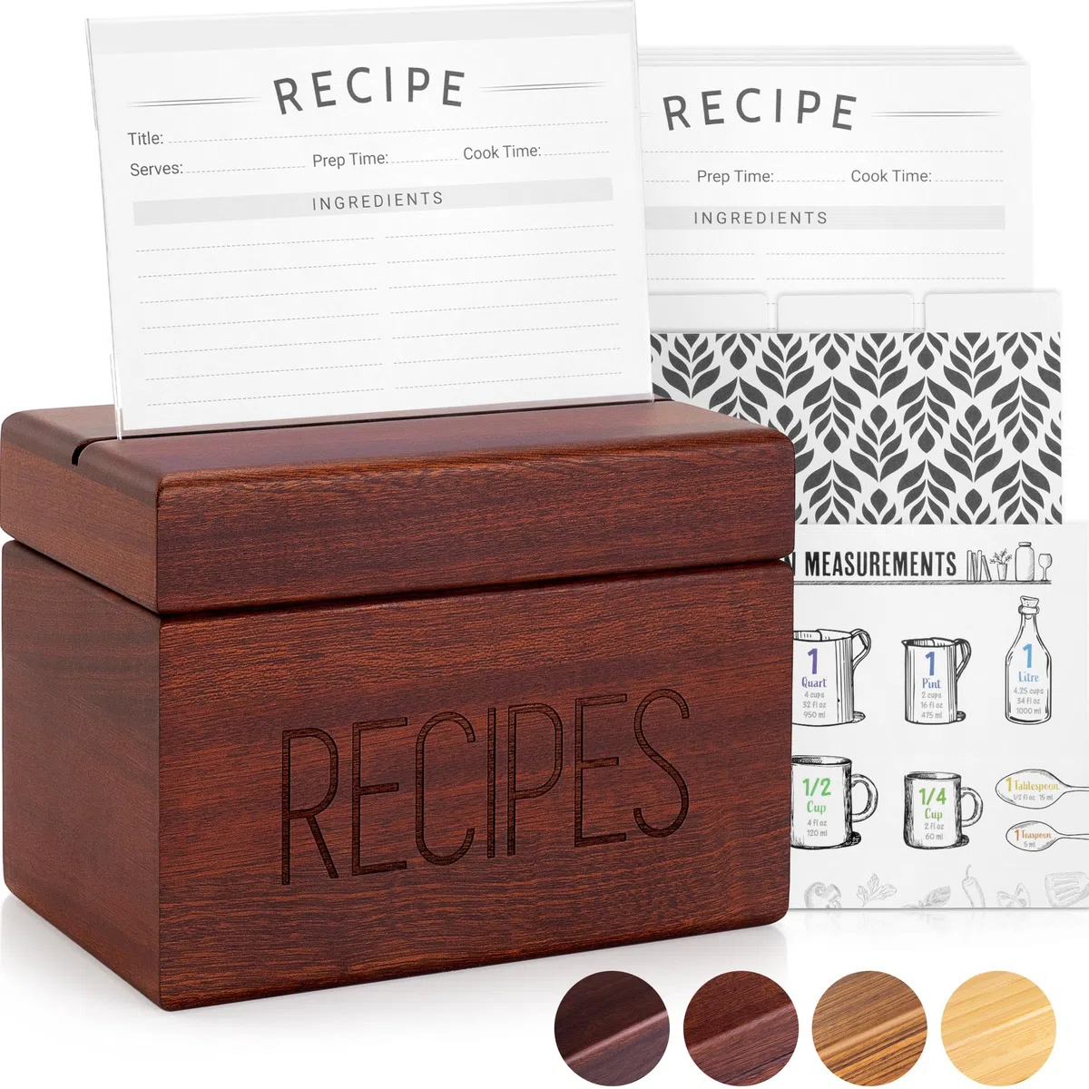 Apace Living Caja de recetas Sapele con tarjetas y divisores de Apace - Caja para tarjetas de madera de estilo vintage de 4 x 6 con soporte para recetas - Exclusivamente de la colección Premier