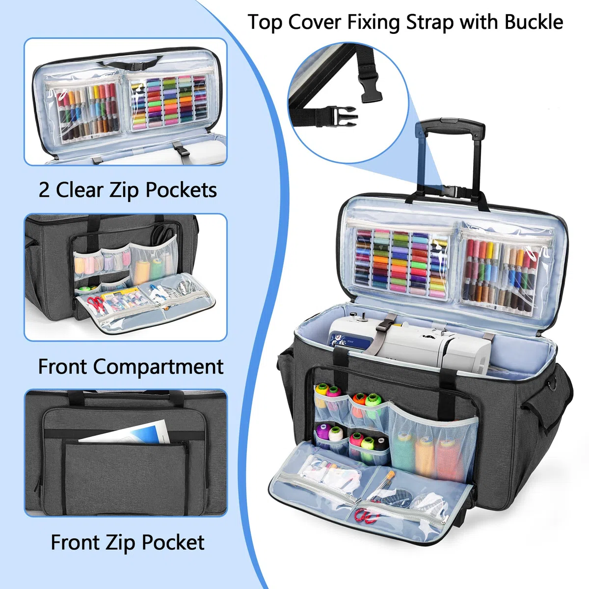 CURMIO Maleta de Transporte con Ruedas para Máquina de Bordar, Bolsa para Maquina de Coser con Tabla de Soporte Inferior y Bolsillos para Accesorios de Costura, Gris