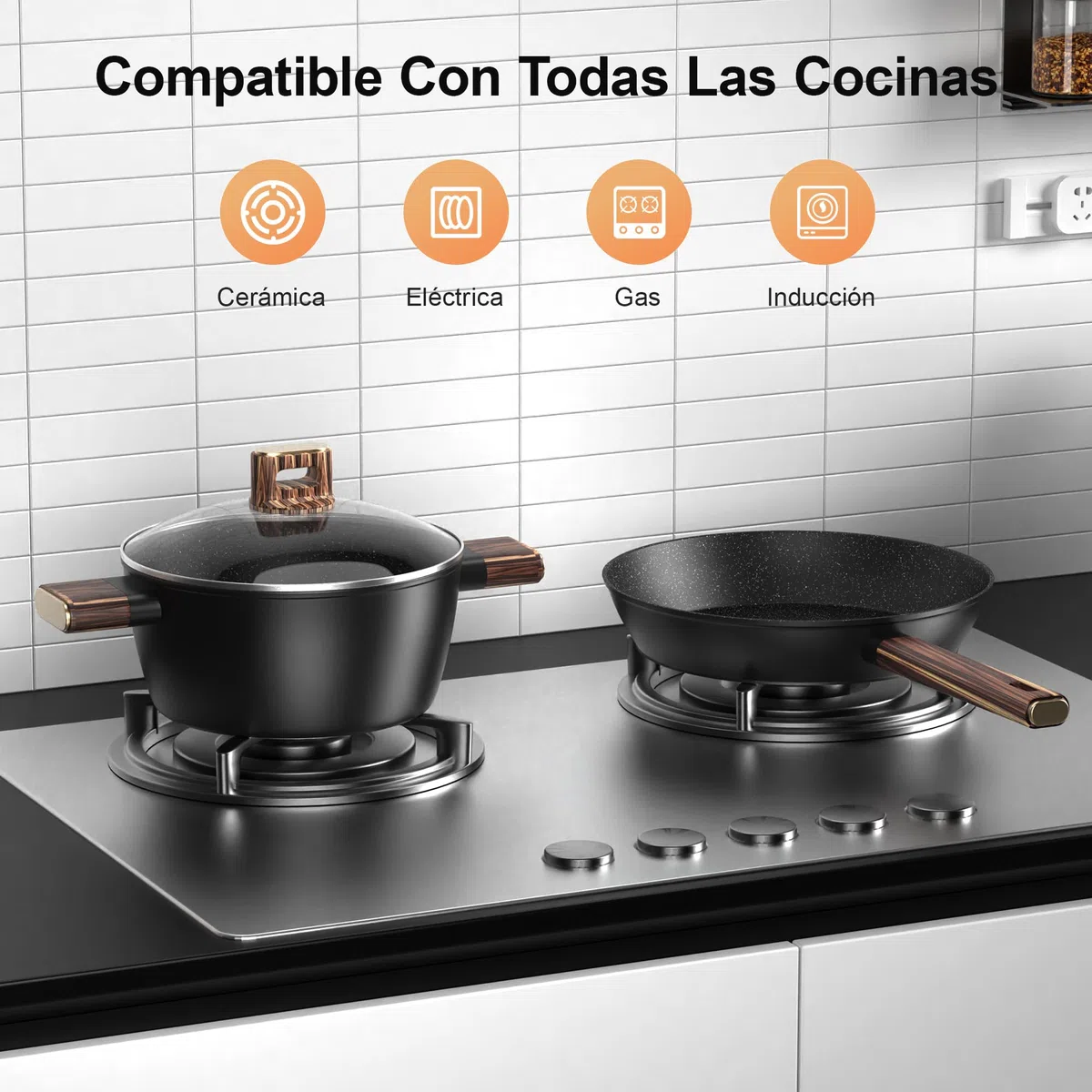 Batería de Cocina - 11Piezas Juego de Ollas y Sartenes Aluminio Antiadherente, Sartene de 20cm y 28cm, Wok de 24cm, Cacerola de 16/20/24 cm con Tapas, para Todas las Cocinas, Inducción Topbooc