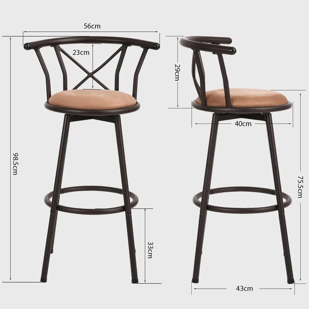 MEUBLE COSY Taburetes de Bar Juego de 2, Sillas de Cocina en Piel Sintética, Giratorio en 360° con Respaldo y Reposapiés, Asiento Acolchado de 75,5 cm de Alto, Patas de Acero
