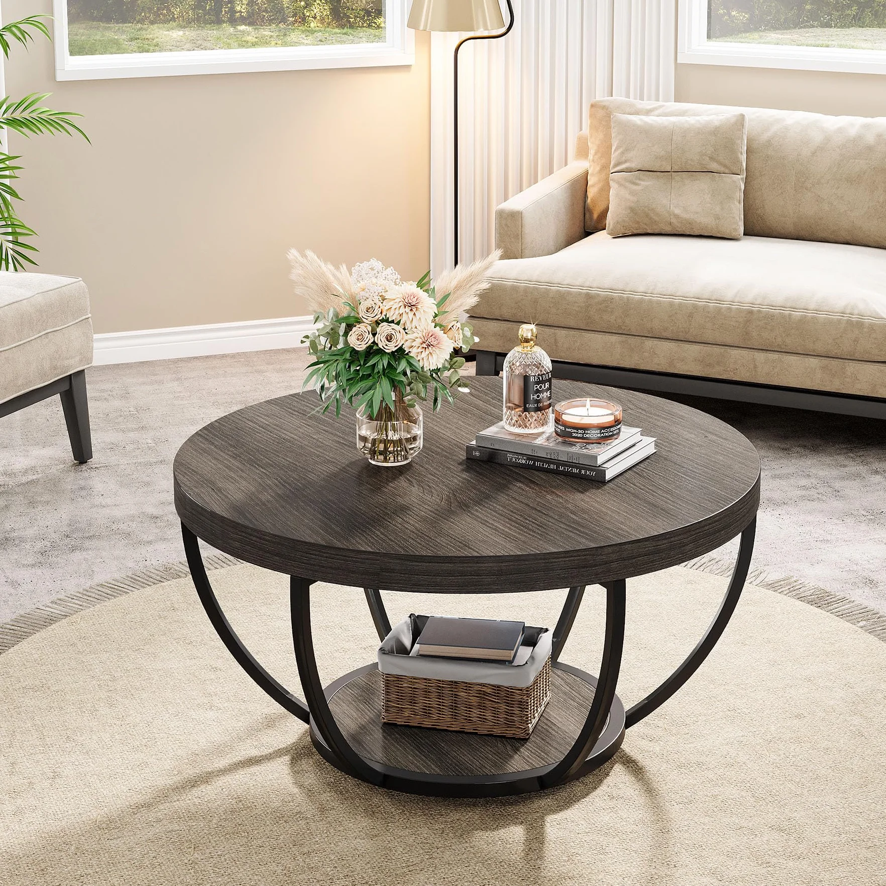 Tribesigns Mesa de Centro Redonda, 80 cm Mesa de Café Industrial Circular de 2 Niveles, Mesita Baja Sofá, Mesa Central Moderna de Madera para sofá, Mesa Auxiliar para Sala de Estar, Gris