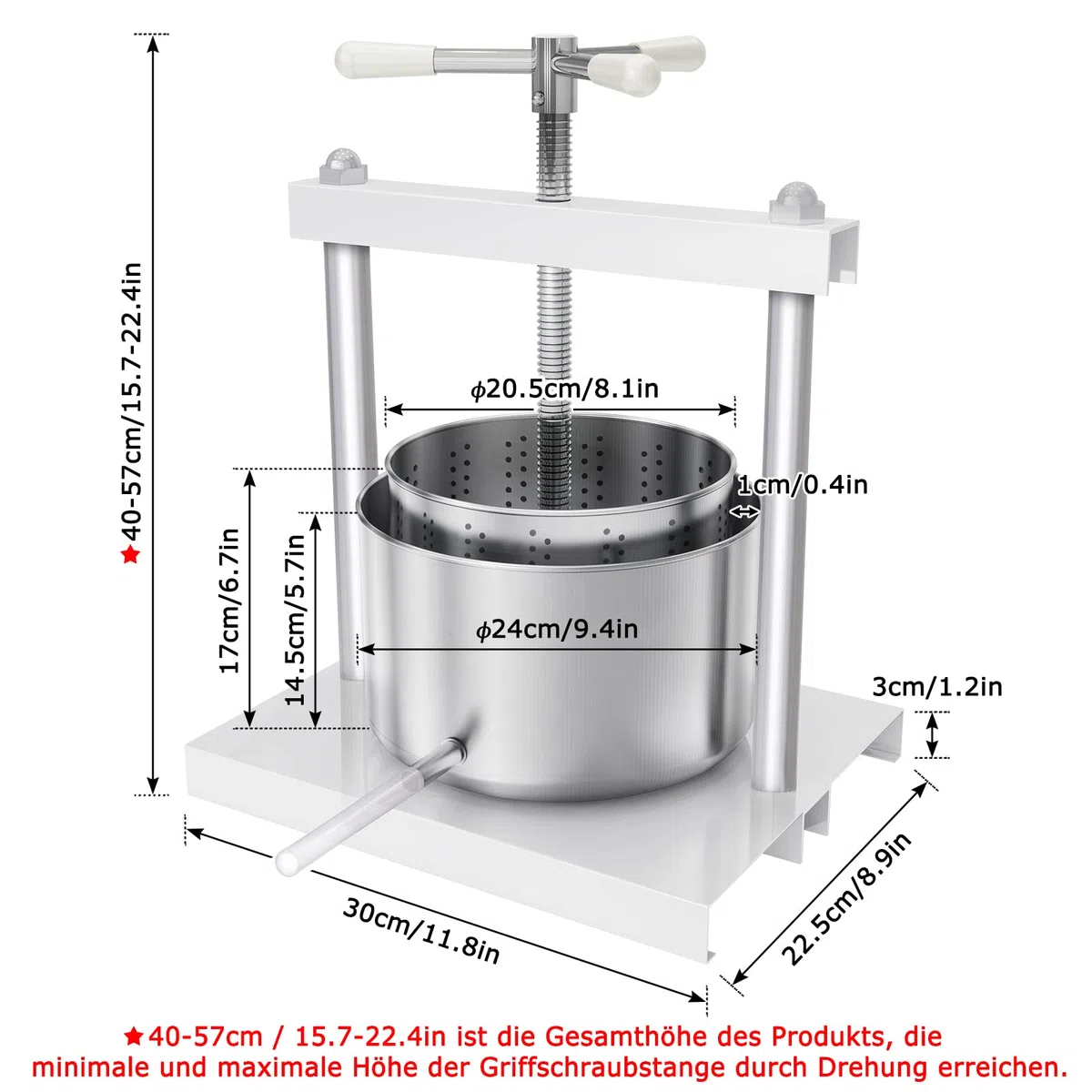 Aufun prensa de frutas 5L cesta de acero inoxidable, prensa de frutas prensa de vino 430 de acero, prensado de uvas, frutas, carne, hierbas, grasa, queso vegetal (5L)