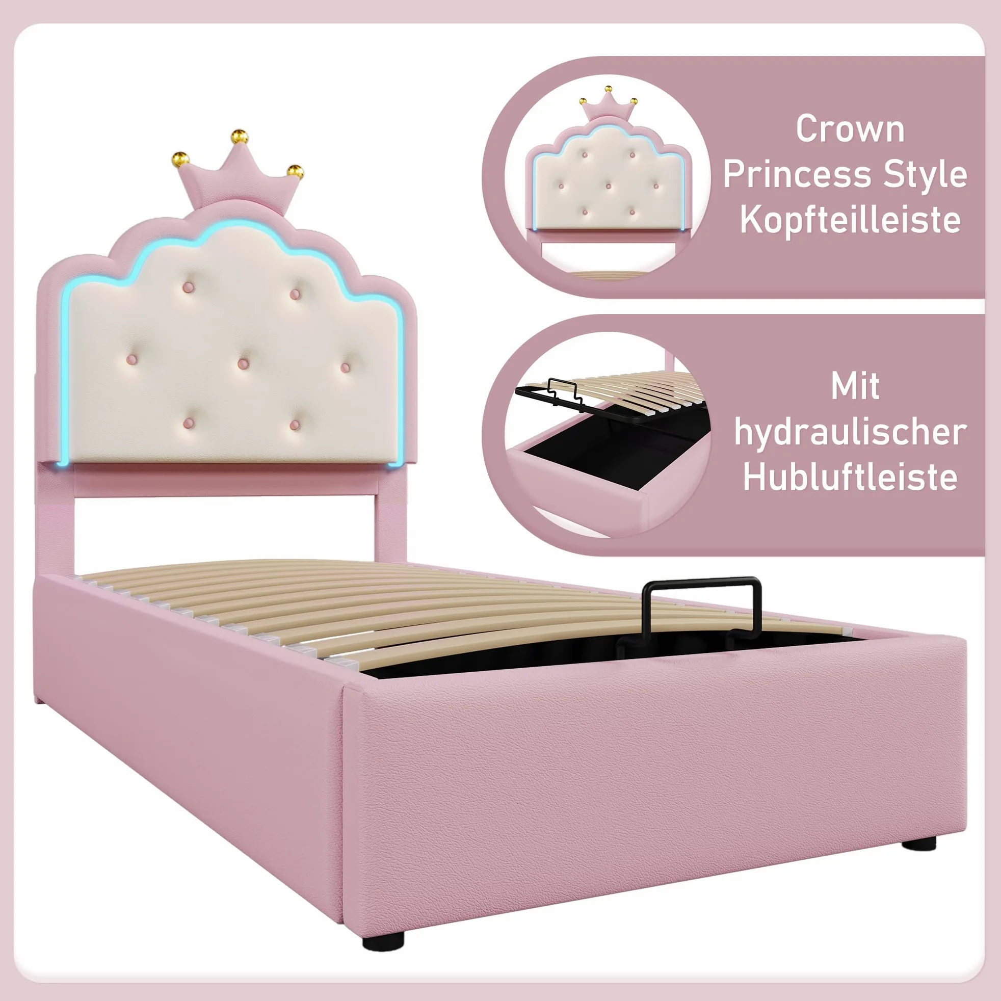 Lubvtti Cama Acolchada 90x200 cm con luz Ambiental,Cama Individual con contenedor,Cama Infantil,Forma de Corona de Princesa,Cama con almacenaje,con somier de láminas,PU