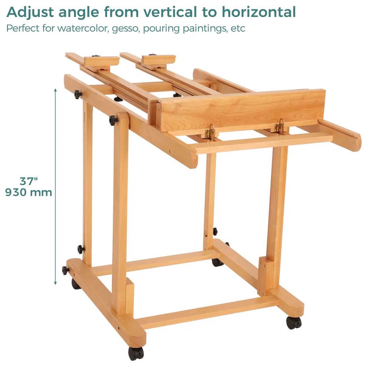 VISWIN Caballete Pintura en H Grande de Doble Mástil, Inclinable a Horizontal, Caballete Pintar Profesional Ajustable de Madera de Haya con 4 Ruedas & Bandeja para Adultos, Artistas, Pintor, Estudio