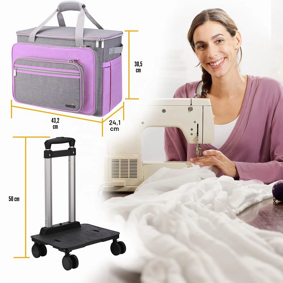 Estuche plegable de lujo para máquina de coser, gris y morado, funda de transporte para Brother, Singer, Bernina y la mayoría de máquina(con ruedas)