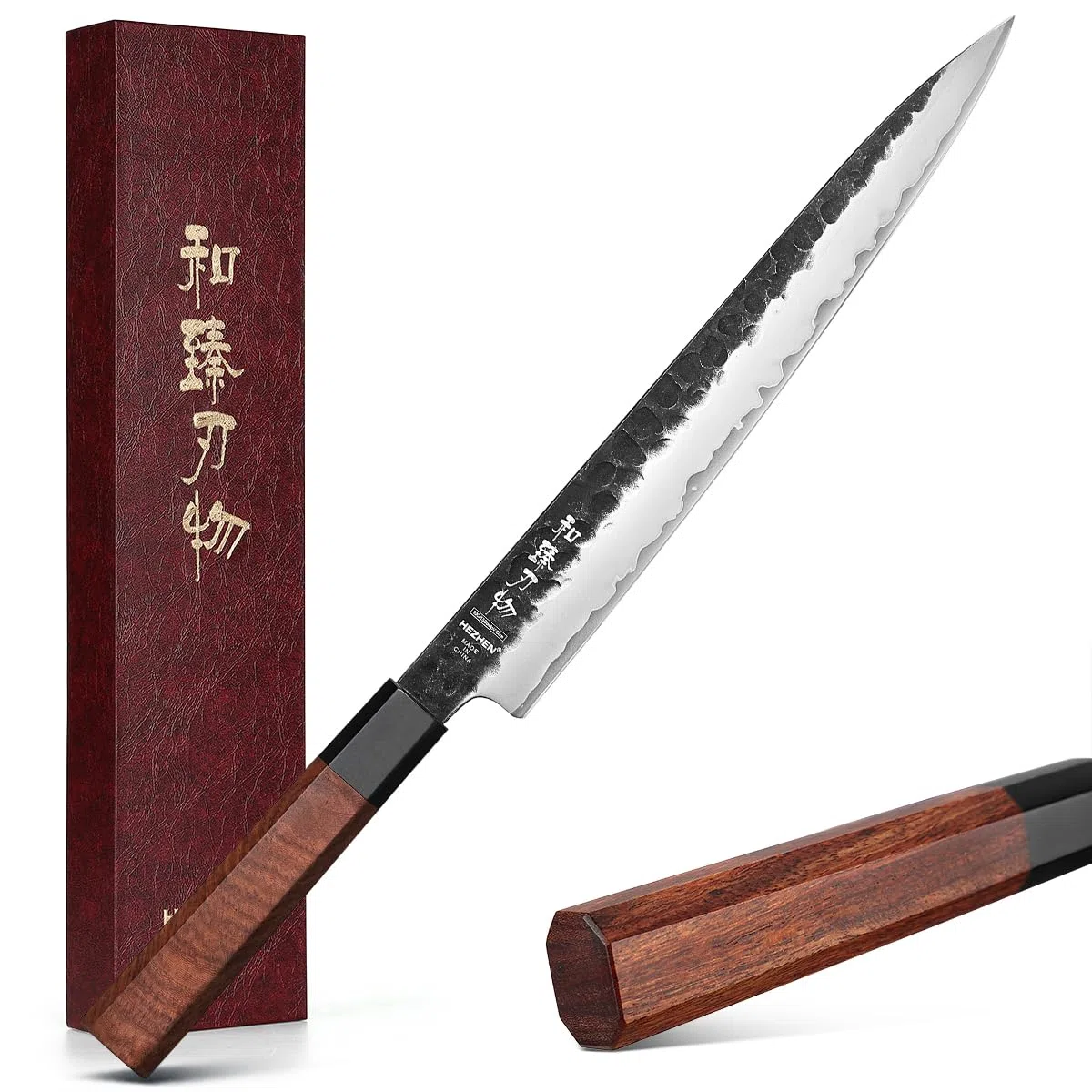 HEZHEN Cuchillo Filetero Cuchillo de Trinchar, Cuchillo para Carne de Acero compuesto Cuchillo Jamonero, Mango Octogonal de Redwood
