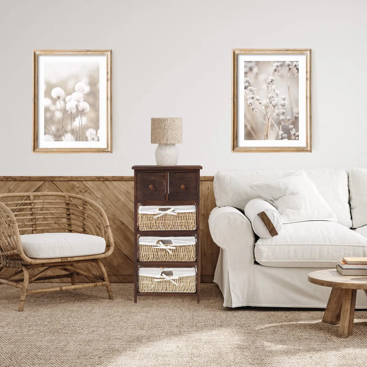 Rebecca Mobili Armario Rústico, Mueble Baño con 2 Cajones, 3 Cestas, Madera Mimbre, Marrón, Estilo Country, Entrada baño- Medidas: 80 x 40 x 27 cm (AxANxF) - Art. RE4059