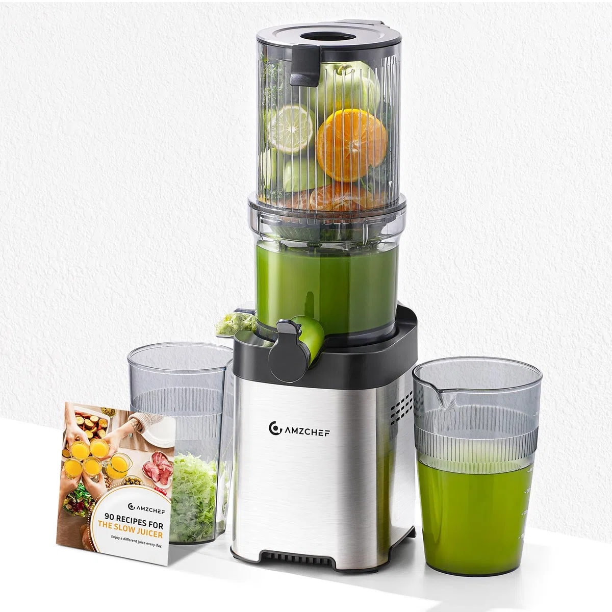 AMZCHEF Sin Preparación 120MM Slow Juicer - Limpieza Rápida Licuadora Prensado en Frio - Extractor 2L capacidad para verduras y frutas enteras [Clase de eficiencia energética A+++]
