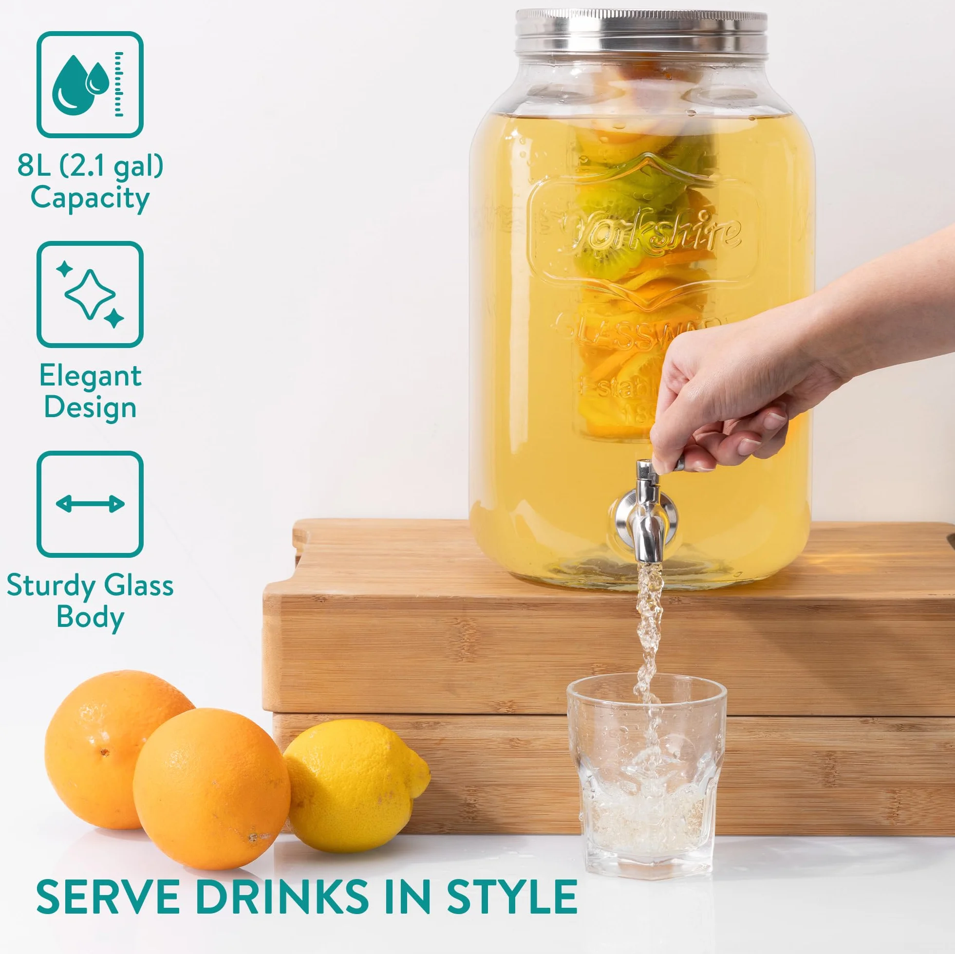 Navaris Dispensador de Bebidas con Grifo - Recipiente de Cristal de 8 L - Bidón de Vidrio con dosificador de Metal - Garrafa de Agua con Grifo