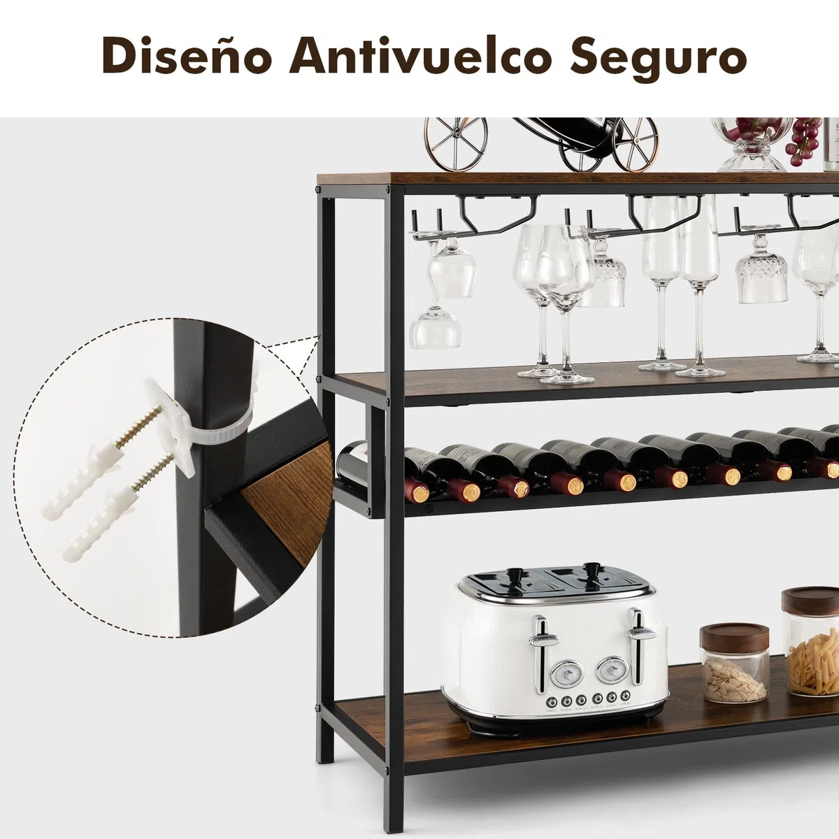 COSTWAY Estante Botellero Vino, Mueble Bar Industrial con Botellero y 4 Filas de Soportes para Vasos, Amplio Tablero y Estantes Abiertos, Armario Independiente para Vinos en Cocina, Comedor, Buffet