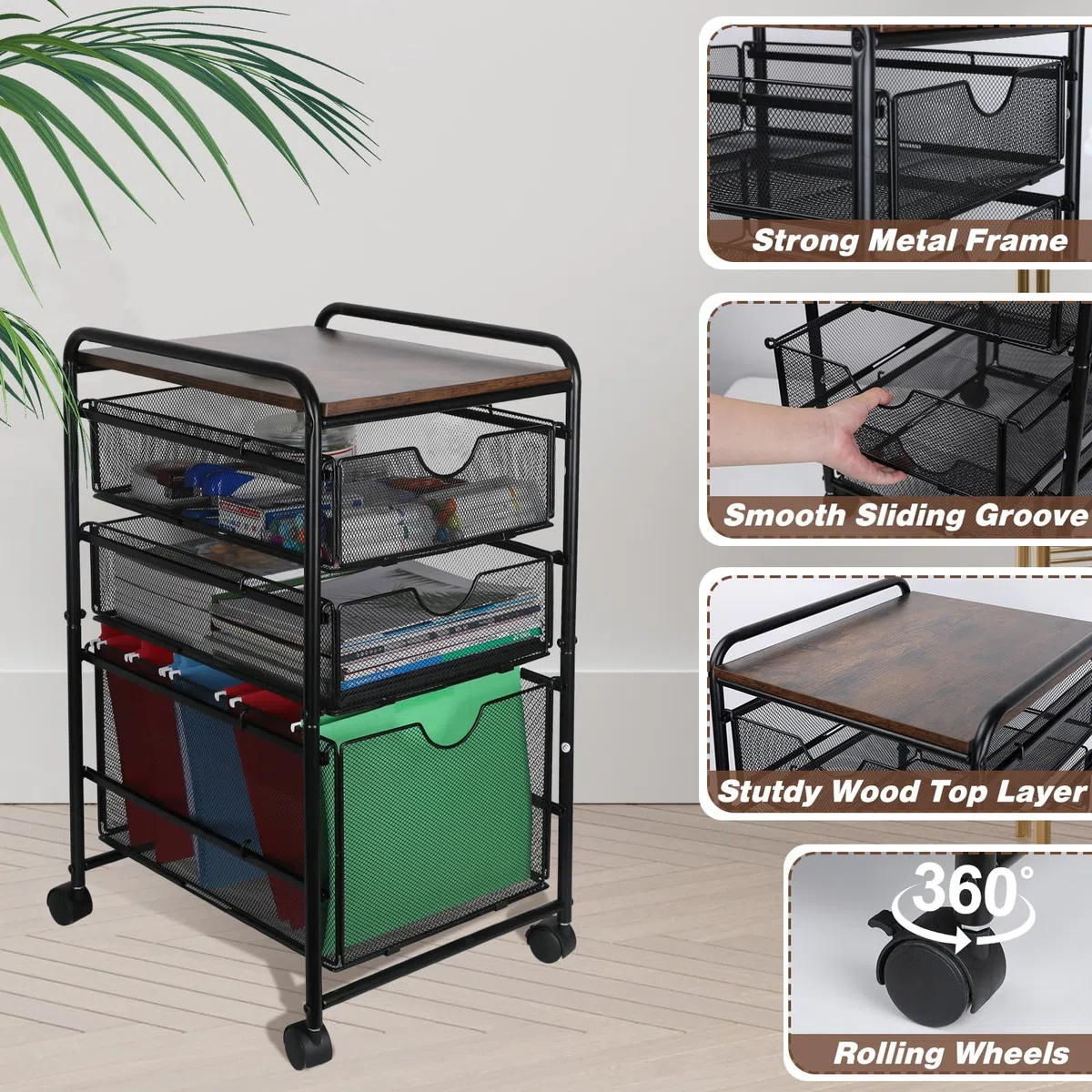 EasyPAG Carrito de archivos rodante con ruedas con 2 cajones de almacenamiento extraíbles y 1 organizador de carpetas colgantes tamaño carta, color negro