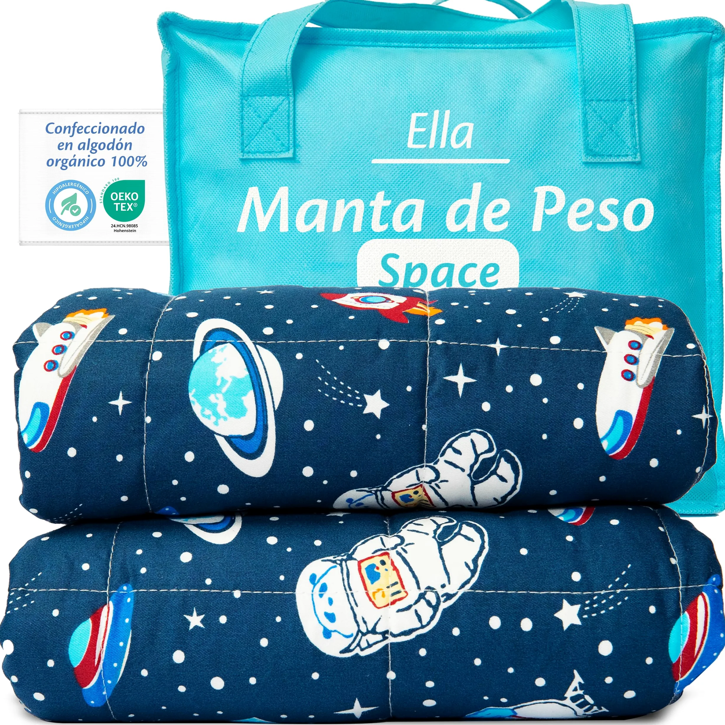 Ella Manta Pesada para Niños 2,4 kg 90x120 cm – Manta Terapéutica, para Reducción de Estrés y Ansiedad, Perlas de Vidrio Hipoalergénicas, Capa Exterior de Algodón Suave y Refrescante, para Niños de 15