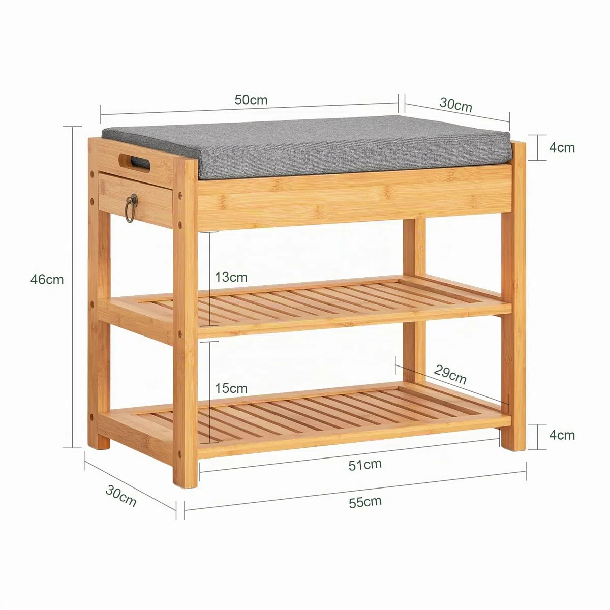 SoBuy Zapatero con Asiento y Cajón - Banco Zapatero Entrada Recibidor con Estantes de Almacenaje - Banco Madera Compacto para Dormitorio o Pasillo - 50x30x46 cm, Soporta 150 kg, Modelo FSR49-N