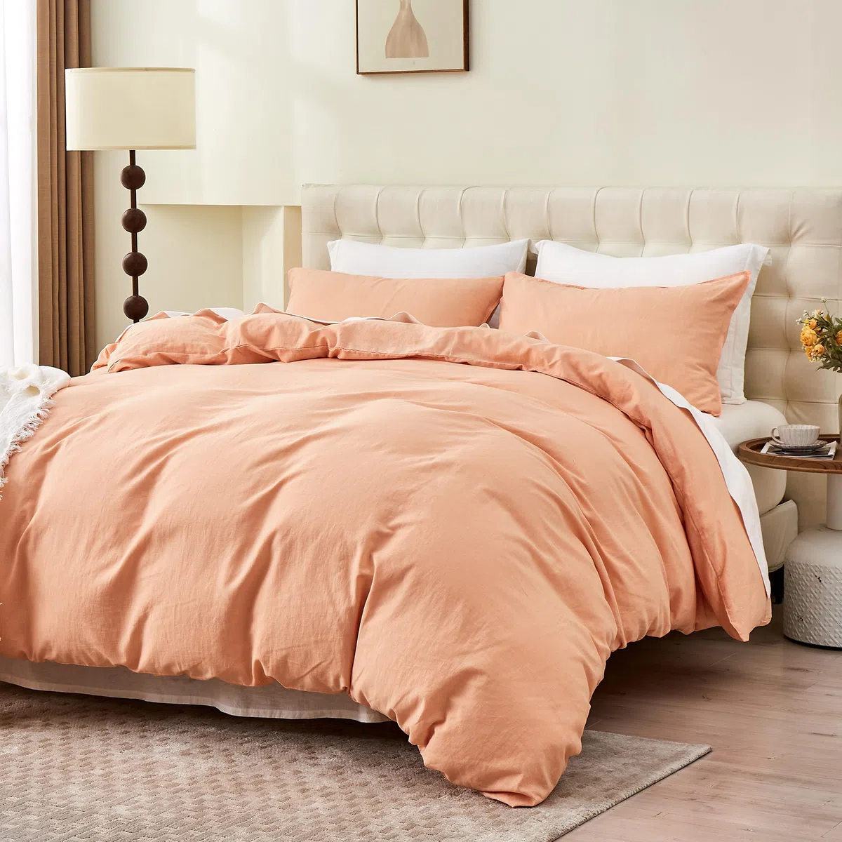Simple&Opulence Funda Nordica 230x220 cm con Funda de Almohada 50x75cm -Juego de Funda Nordica Cama 135 de Lino y Algodón, Suave,Transpirable y Cómodo para Todo el Año,Melocotón