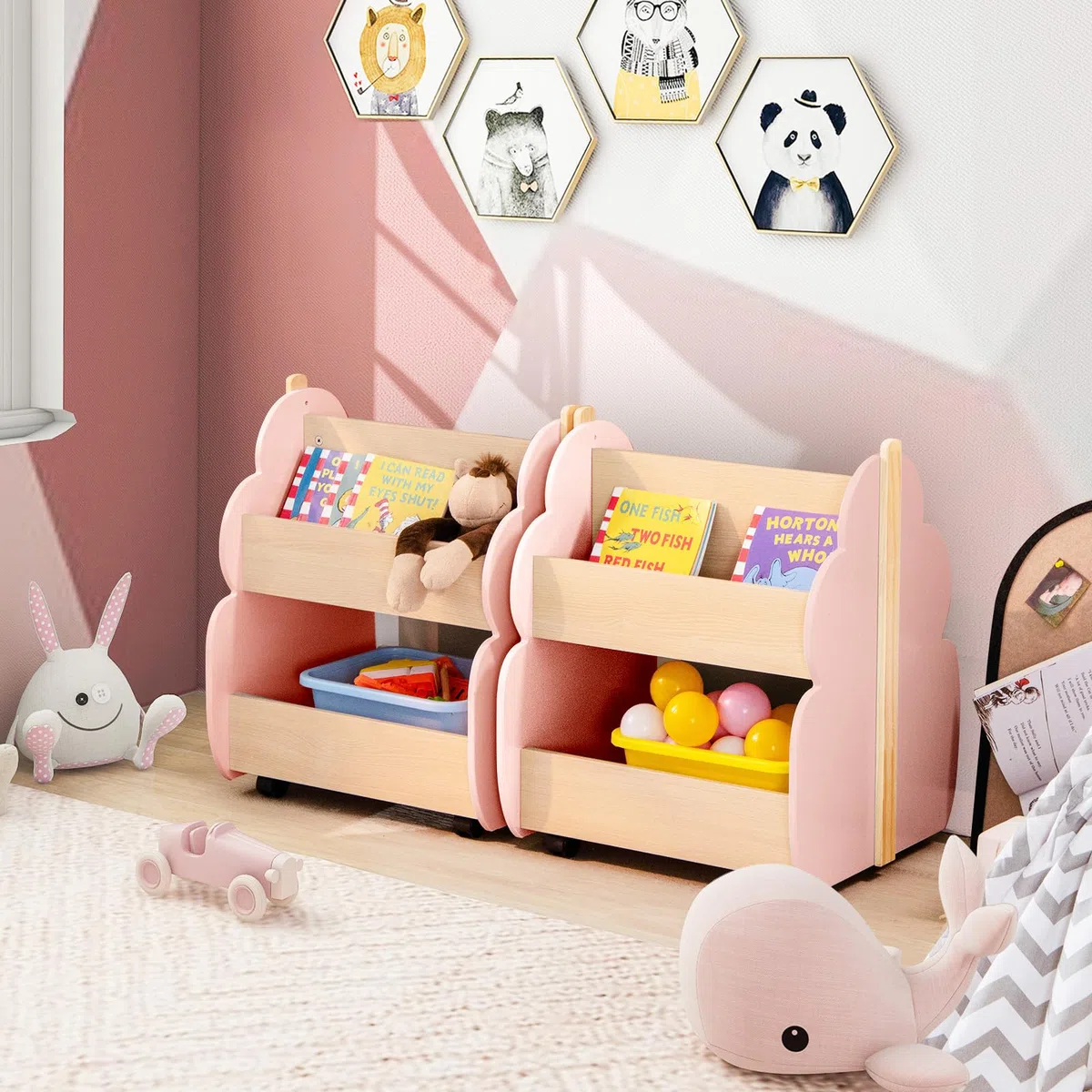COSTWAY Estantería Infantil de Madera con Ruedas, Librería para Niños de 2 Niveles, Estantería para Juguetes, Multifuncional Organizador de Libros para Salon, Dormitorio de los Niños (Rosa)