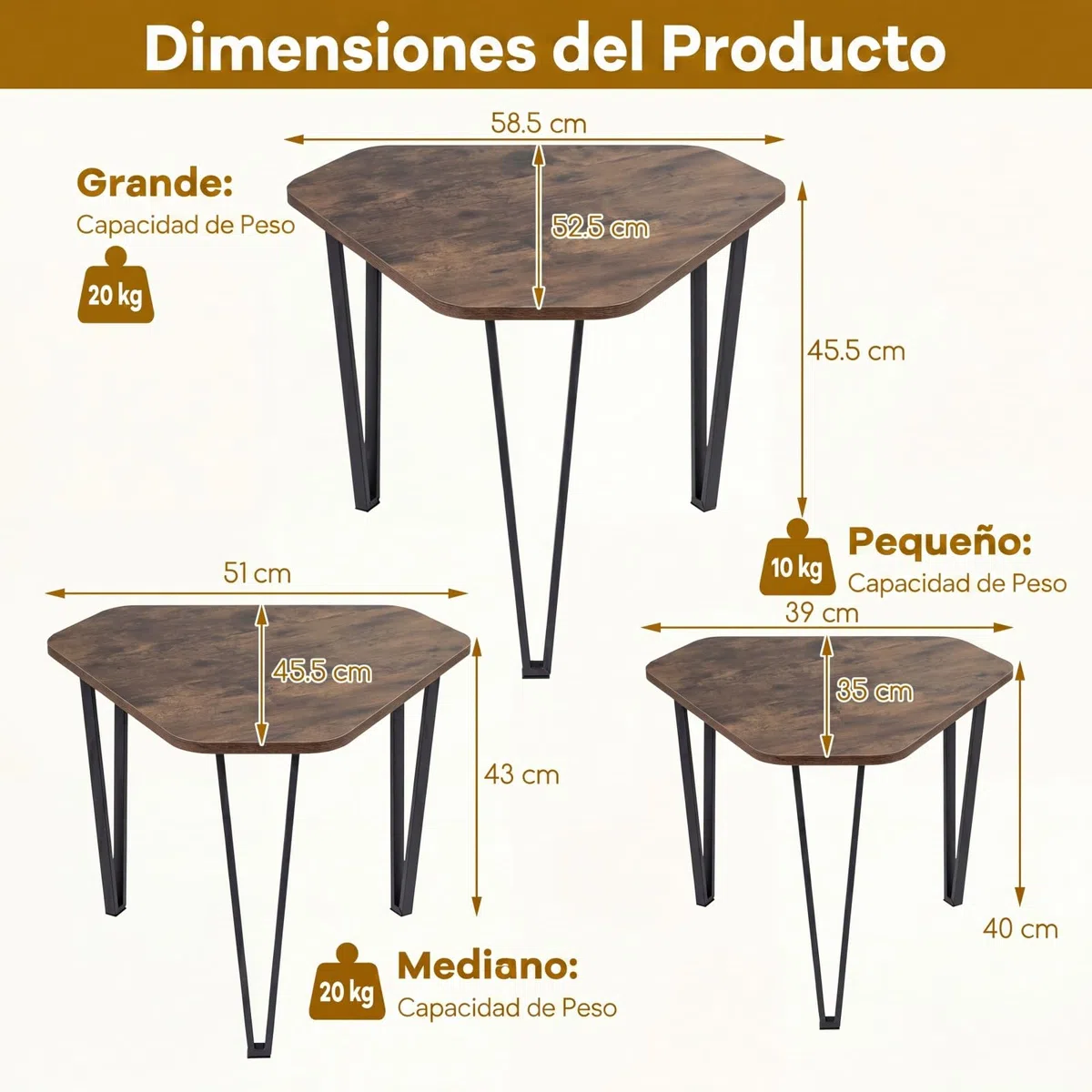 COSTWAY Juego de 3 Mesas de Centro Nido, Mesas Auxiliares Apilables con 3 Tamaños, Estructura de Metal, Muebles Industriales para Salón Dormitorio Oficina
