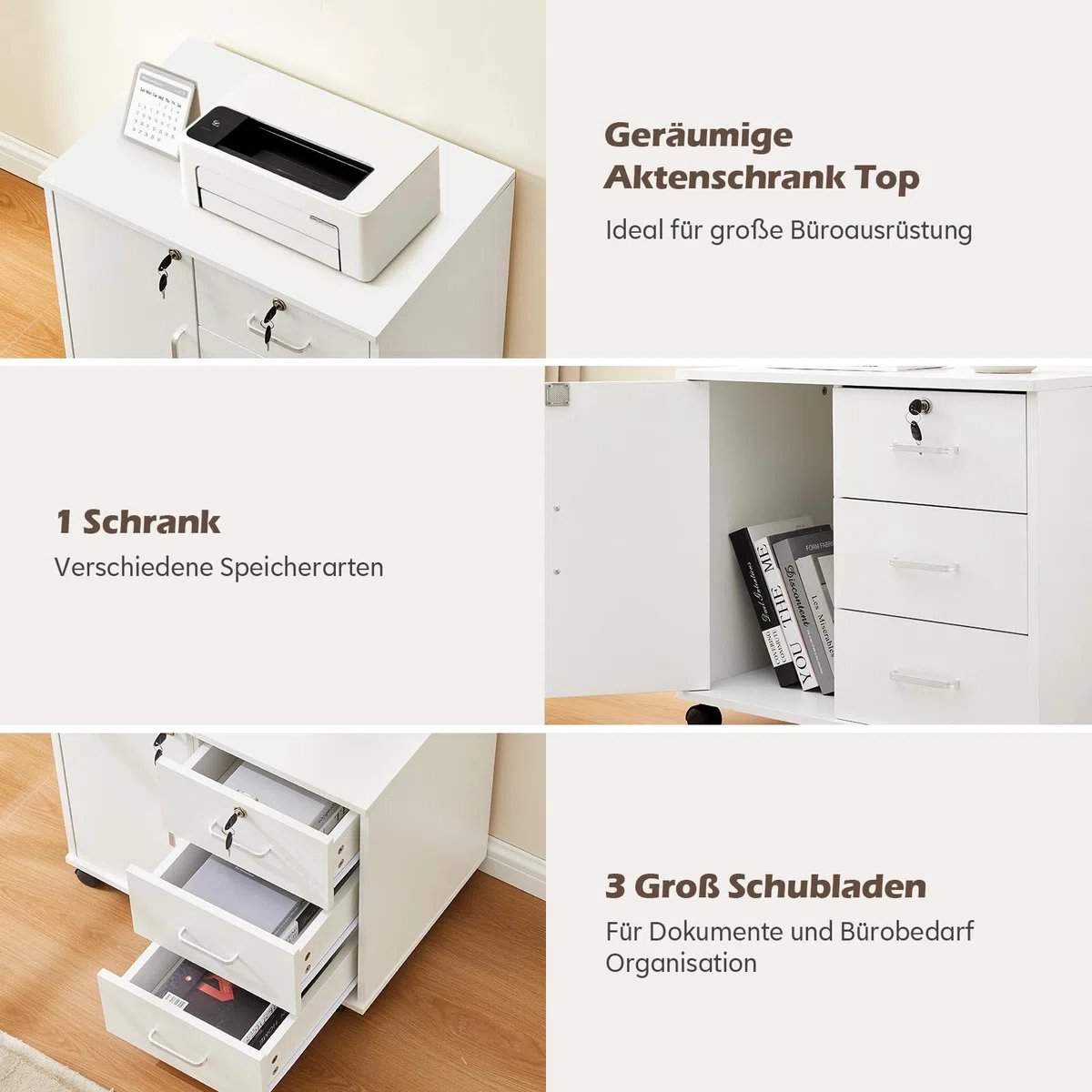 TUKAILAi Archivador Móviles con 4 Cajones y Cerradura, Armario de Oficina con Ruedas, Armario Multiusos con Gran Almacenaje para A4 Documentos en Formato Carta 40 x 60 x 57 cm (Blanco)