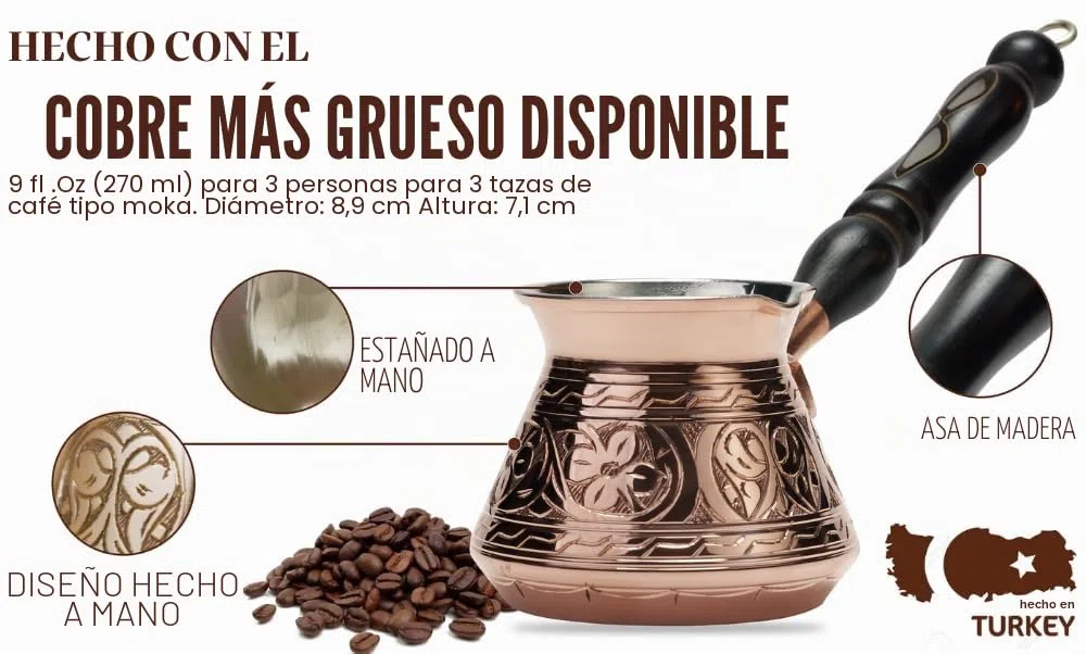 DEMMEX Cafetera Turca, Griega y Árabe de Cobre Más Grueso, Cafetera para Estufa, Cezve Ibrik Briki con Mango de Madera y Cuchara, (Grabada a Mano (270 ml))