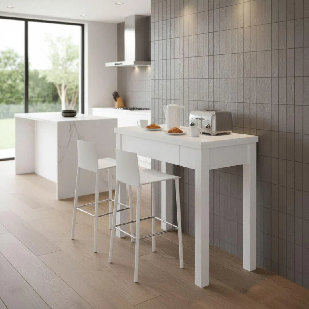 Mesa Cocina Plegable Extensible Cocina - Pequeña con Cajón y Cubertero - Mesa Libro Medidas: 80x40 / 80x80 cm. (Blanco)
