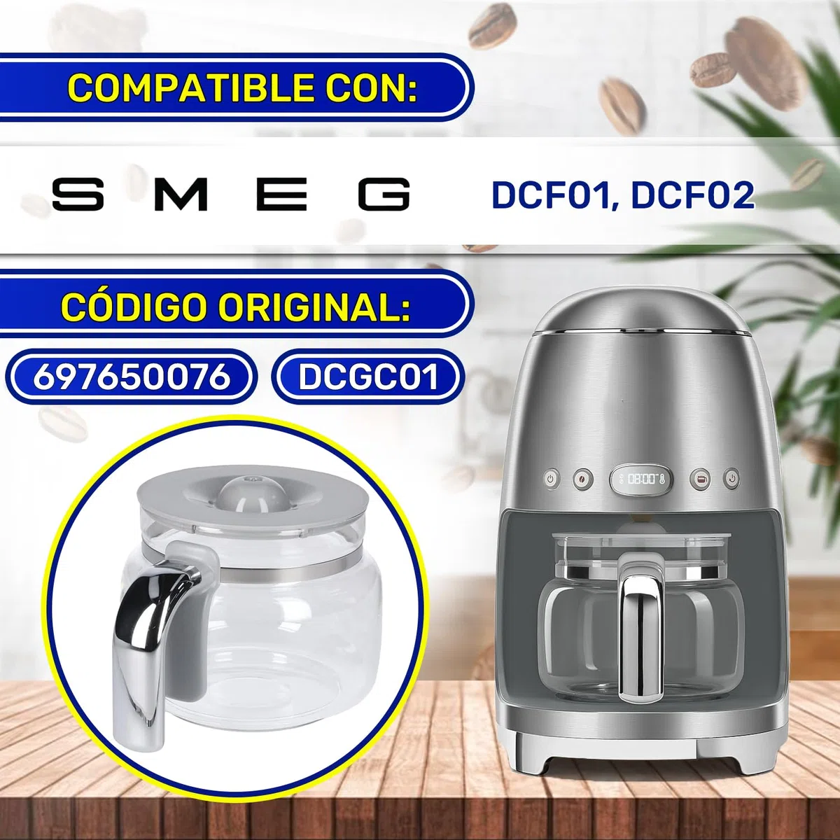 Jarra Cafetera Goteo con Tapa 200x150x130 mm con Código Original 697650076 DCGC01 para Smeg - Garantía de 10 Años - MONTERAL