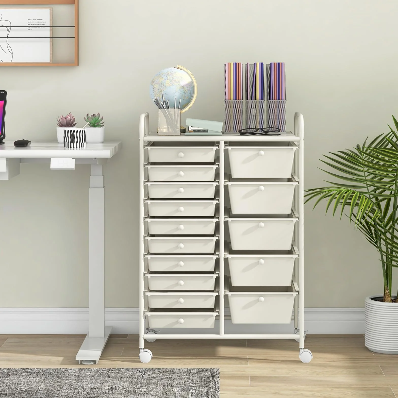 COSTWAY Carrito Auxiliar con Ruedas, Carro Almacenaje con 15 Cajones Apilables, Carrito Organizador con Ruedas Bloqueables de Metal para Cocina Oficina, Baño, 37x63x87cm (Blanco)